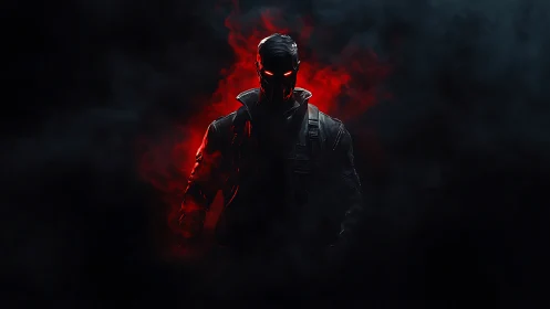 Masked cybernetic figure emerges from red smoke halo