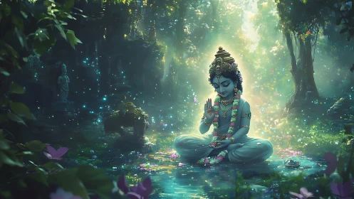 Divine child figure meditates in glowing forest pool