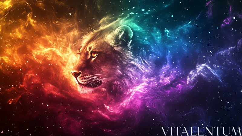 Cosmic lion drifts through swirling rainbow stardust.