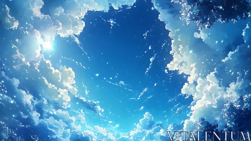 Drifting daydream clouds opening onto a bright blue sky.