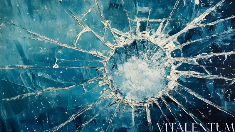 Abstract shattered glass painting with blue tones and dynamic energy.