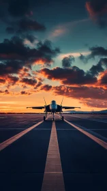 Photorealistic fighter jet on runway at cinematic sunset.