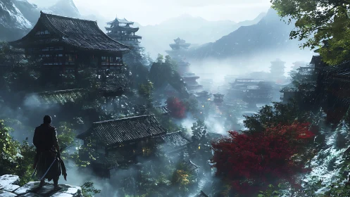 Wandering swordsman over misty mountain temples at dusk.