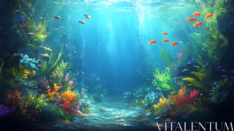 Sunlit coral reef with small fish in clear blue seawater.