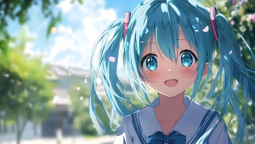 Sunny schoolyard moment with a bright blue haired friend.