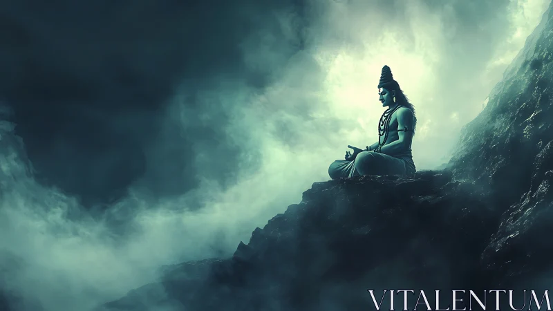 Mountain peak yogi silhouette in teal atmospheric backlight