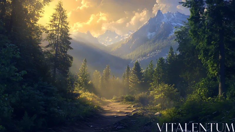 Mountain Valley Forest at Golden Hour with Alpine Peaks.