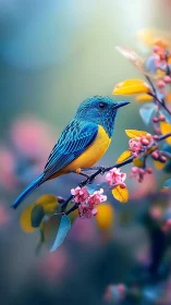 Iridescent songbird on blossoms in soft bokeh glow.