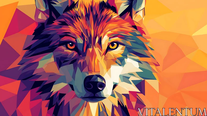 Radiant geometric wolf gazes calmly in vivid sunset colors