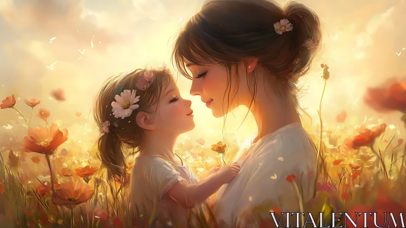 Woman and Child in Flower Field at Golden Hour
