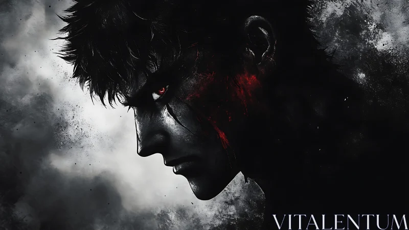 Monochrome warrior profile with red ocular glow and scars