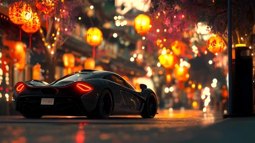 Midnight supercar drifting through lantern-lit festival streets.