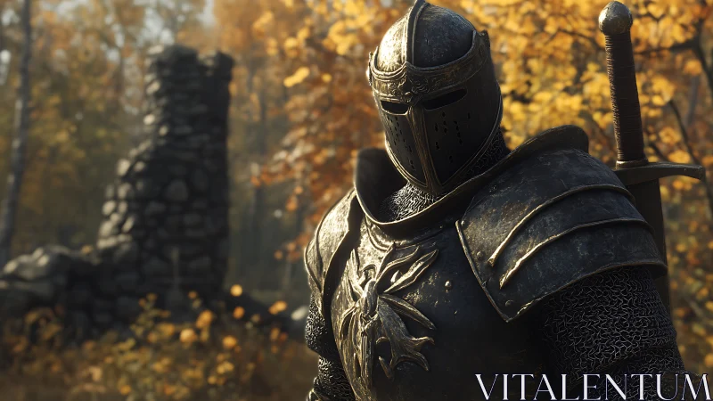 Medieval knight in autumn forest with ruined stone tower.