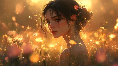 Female figure in sunlit field with dense floral foreground.