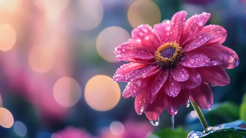 Magenta Dahlia with Dew Drops in Soft Focus Background