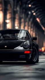 Sleek black classic sports car glows under moody tunnel lights