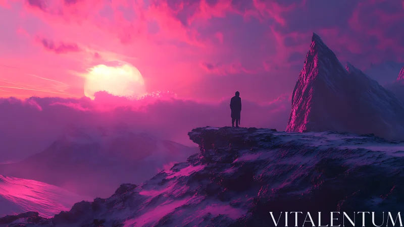 Solitary silhouette over neon-lit alpine horizon at dusk.