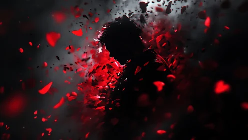 Backlit silhouette immersed in dynamic red petal particle field