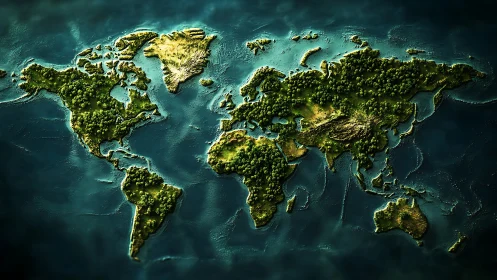 Lush world map relief highlights forests and coastlines.