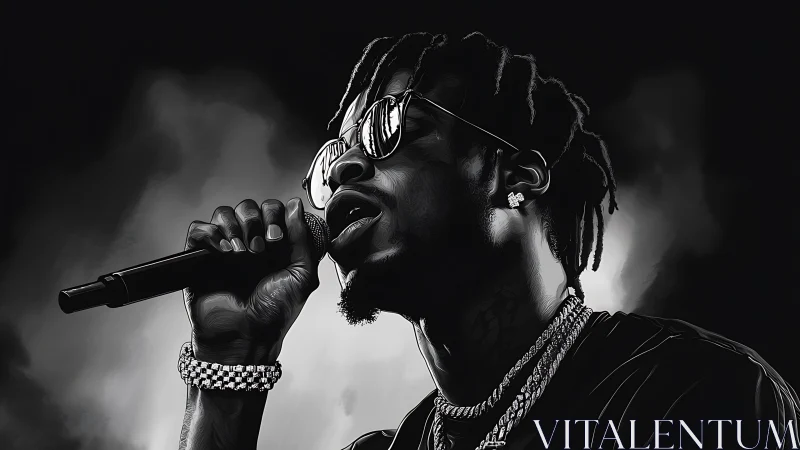 High-contrast monochrome rapper portrait with dynamic stage lighting