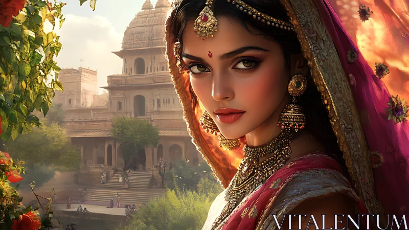Digital portrait of jeweled bride with temple architecture backdrop.