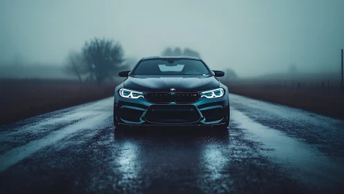 Sport sedan cuts through wet rural road in dense morning fog