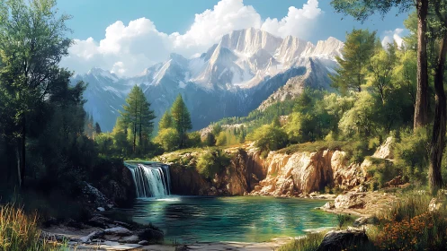 Digital painting landscape with alpine waterfall focal point.