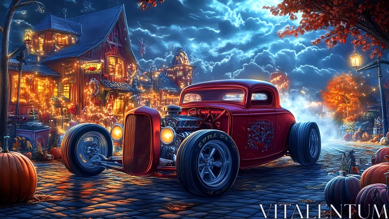 Hot rod magic under glowing Halloween village skies.