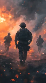 Soldiers advancing through blazing battlefield inferno.