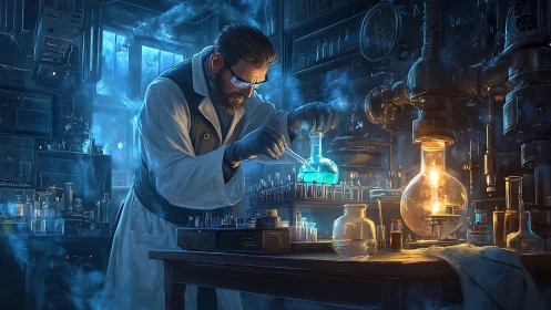 Midnight alchemist bends blue lightning inside glass dreams.