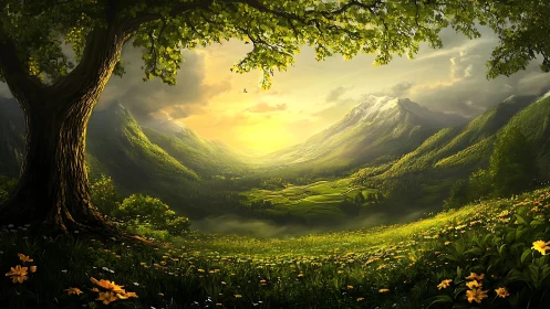 Sunlit mountain valley viewed from lush wildflower hill.