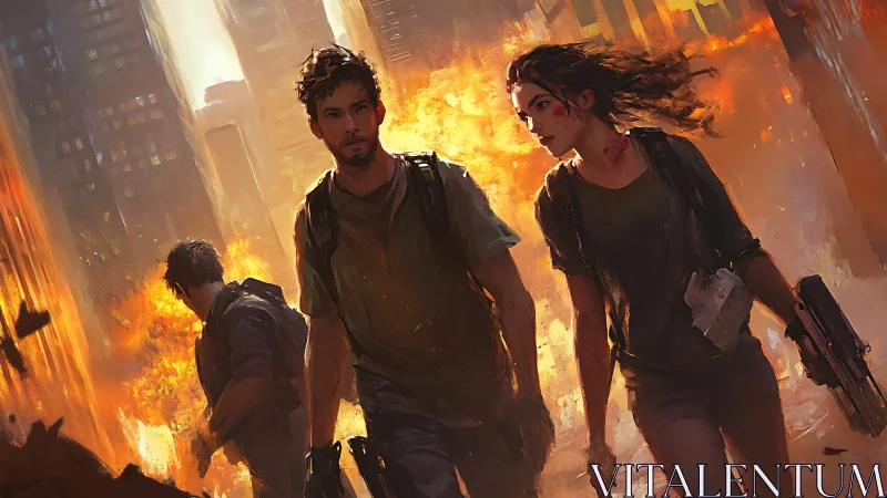 Three armed survivors move through burning urban ruins