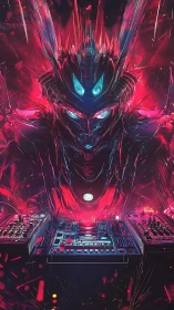 Cybernetic entity operating illuminated audio consoles.