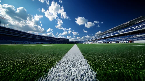 Low-angle gridiron field line leads toward symmetric stadium stands