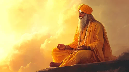 Digital painting of serene sage in golden atmospheric light.