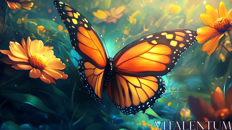 Monarch butterfly in stylized garden with orange flowers.