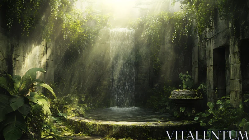 Sunlit waterfall pool enclosed by overgrown stone ruins