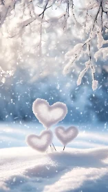 Snowy Winter Scene with Frosted Branches and Heart Shapes