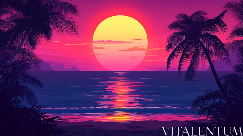 Neon tropical sunset seascape in stylized digital painting.