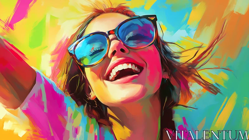 Vibrant woman in sunglasses in expressive neon brushstroke portrait.