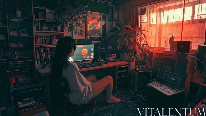 Girl in neon-lit bedroom studies a glowing digital planet