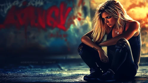 Backlit urban portrait renders crouched woman in wet alley