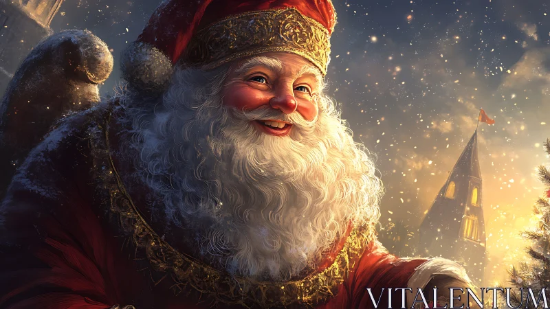 Golden-hour Santa smiles amid softly falling snowflakes.