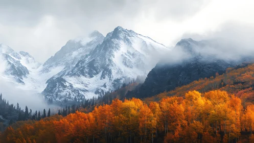 Golden autumn forest glowing beneath misty snowy peaks.