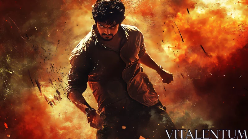 Heroic fighter strides through roaring firestorm of chaos.