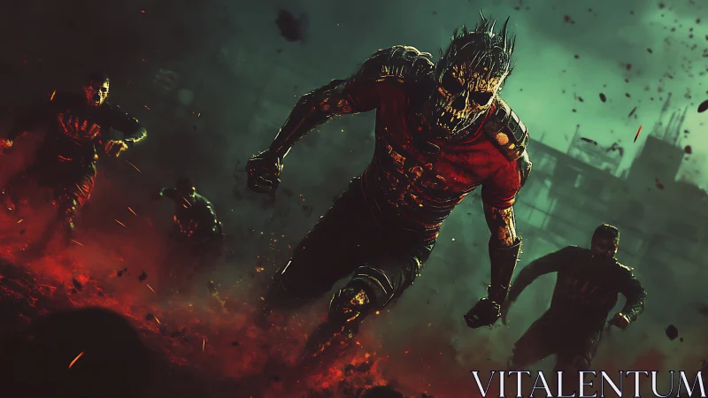 Fierce skull-faced runner charges through fiery wasteland.