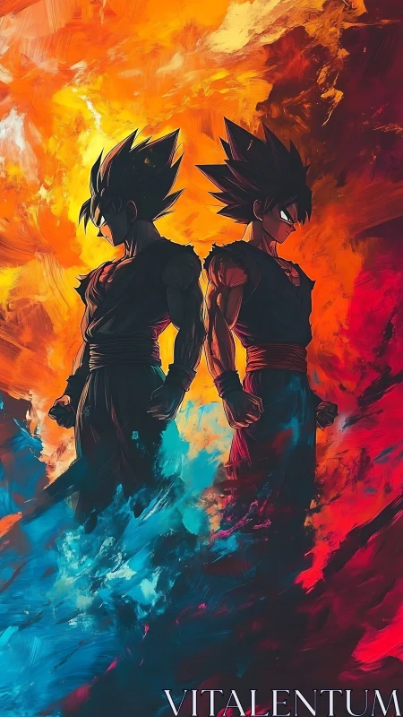 Dual anime warriors stand amid opposing fire and ice energies