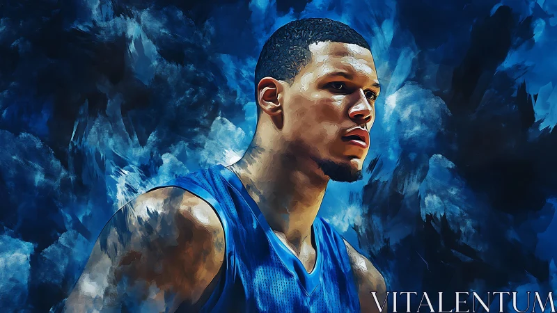 Digital portrait depicts a basketball player against abstract blue