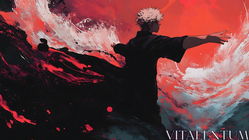 Solitary figure amid red and black abstract wave forms.