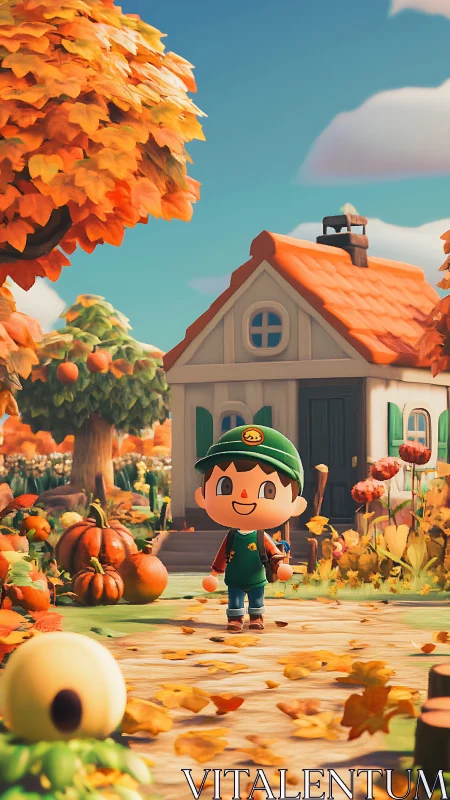 Stylized autumn village scene with toon-shaded character rendering